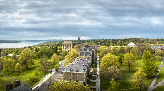Cornell campus with view of lake at springtime