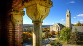 McGraw Tower, Uris Library and Ho Plaza in fall, shot from Barnes Hall.