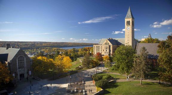 Cornell campus view with clock tower in distance