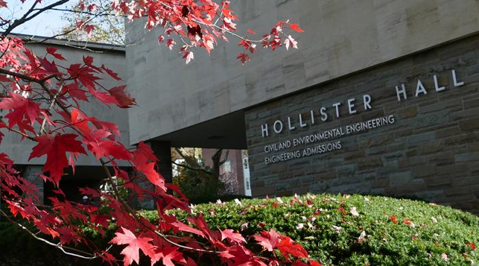 Hollister hall with red leaves